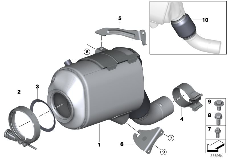 Bildtafel Katalysator/Dieselpartikelfilter für die BMW 5er Modelle  Original BMW Ersatzteile aus dem elektronischen Teilekatalog (ETK) für BMW Kraftfahrzeuge( Auto)    ASA-Schraube, AT-Katalysator motornah, Dichtring, Entkopplungselement, Halter motornahe