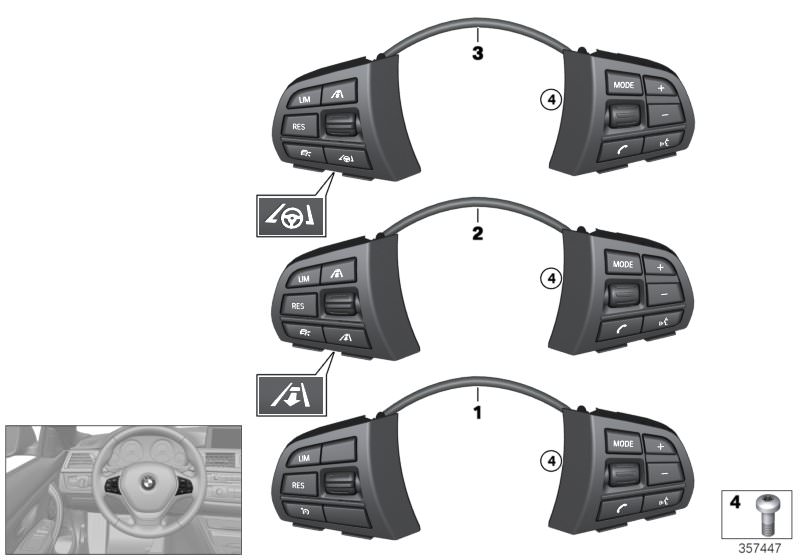 Illustration du Bloc touches volant multifonction Sport pour les BMW X Série Modèles  Pièces de rechange d'origine BMW du catalogue de pièces électroniques (ETK) pour véhicules automobiles BMW (voiture)   Fillister head screw, Switch, multifunct.steering 