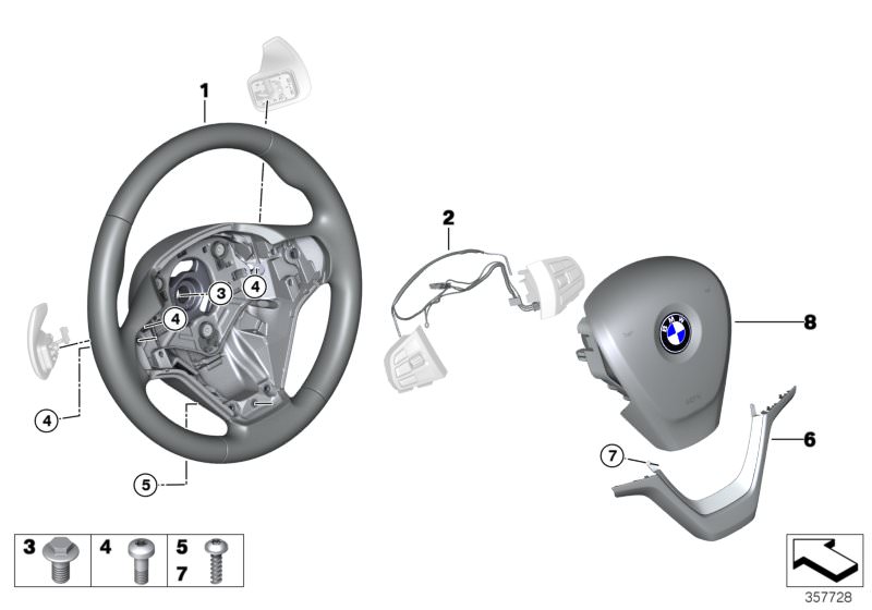 Picture board Sport strng wheel,airbag,w/shift paddles for the BMW X Series models  Original BMW spare parts from the electronic parts catalog (ETK) for BMW motor vehicles (car)   Airbag module, driver´s side, connecting line, steering wheel, Cover, steer