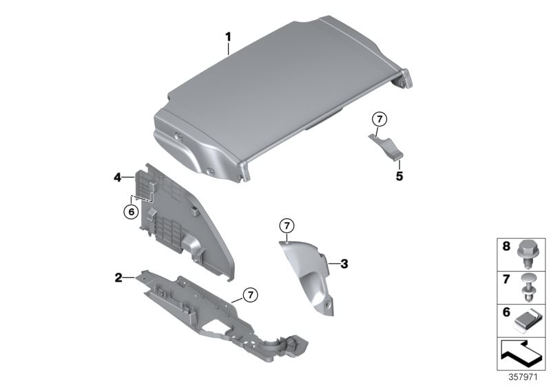 Picture board Trim panel, retractable hardtop for the BMW 4 Series models  Original BMW spare parts from the electronic parts catalog (ETK) for BMW motor vehicles (car)   Clamp, Cover for trunk cover, Expanding rivet, Hex Bolt, Support right, Trim panel, 