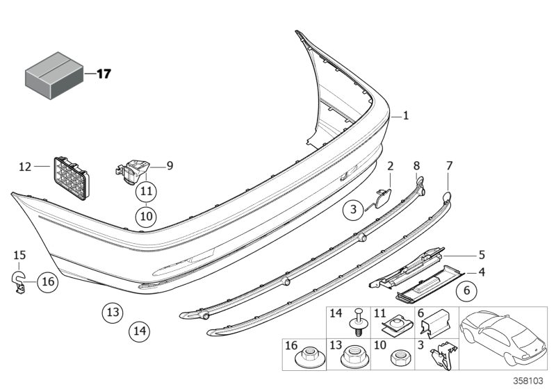 Bildtafel Verkleidung hinten für die BMW 3er Modelle  Original BMW Ersatzteile aus dem elektronischen Teilekatalog (ETK) für BMW Kraftfahrzeuge( Auto)    Satz Anbauteile Stossfänger hinten