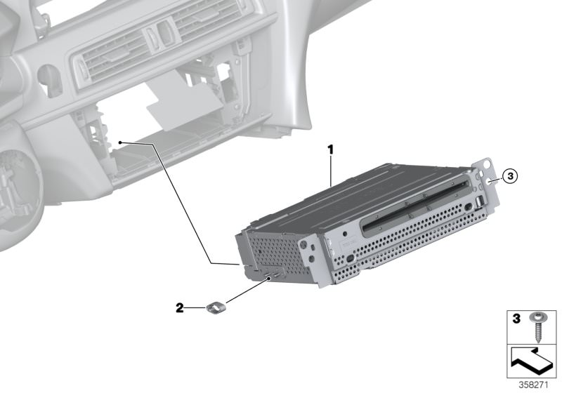 Illustration du Headunit Basic Media pour les BMW 6 Série Modèles  Pièces de rechange d'origine BMW du catalogue de pièces électroniques (ETK) pour véhicules automobiles BMW (voiture)   Guide, Headunit Basic Media, Oval-head screw with washer