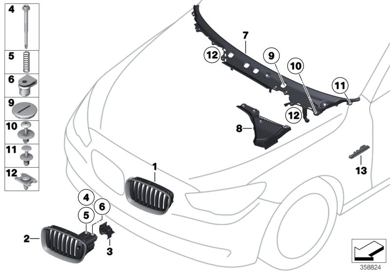 Picture board exterior trim / grille for the BMW 5 Series models  Original BMW spare parts from the electronic parts catalog (ETK) for BMW motor vehicles (car)   Adjusting screw, Clip, Compression spring, Cover, cover, windscreen panel, Expanding rivet, F