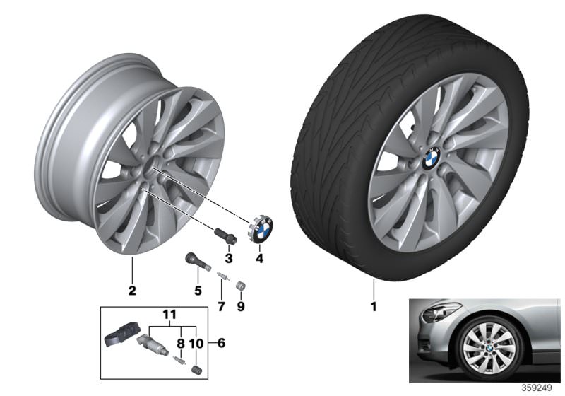 Picture board BMW LA wheel turbine styling 381 for the BMW 1 Series models  Original BMW spare parts from the electronic parts catalog (ETK) for BMW motor vehicles (car)   Hub cap with chrome edge, Light alloy disc wheel Reflexsilber, RDCi Wheel/Tyre set 