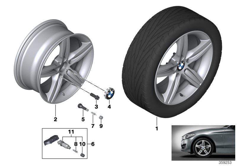 Picture board BMW LA wheel, star spoke 379 for the BMW 2 Series models  Original BMW spare parts from the electronic parts catalog (ETK) for BMW motor vehicles (car)   Disc wheel, light alloy, Orbitgrey, Hub cap with chrome edge, Repair kit, screw-type va