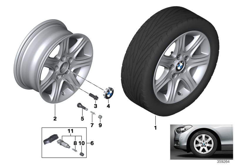 Picture board BMW LA wheel, star spoke 377 for the BMW 1 Series models  Original BMW spare parts from the electronic parts catalog (ETK) for BMW motor vehicles (car)   Hub cap with chrome edge, Light alloy disc wheel Reflexsilber, Repair kit, screw-type v