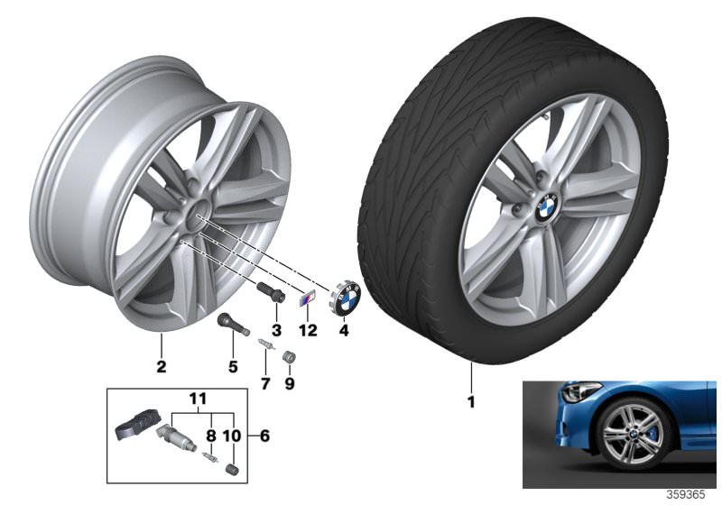 Picture board BMW LA wheel M star spoke 386-18´´ for the BMW 1 Series models  Original BMW spare parts from the electronic parts catalog (ETK) for BMW motor vehicles (car)   Hub cap with chrome edge, Light alloy rim, M badge, Repair kit, screw-type valve 