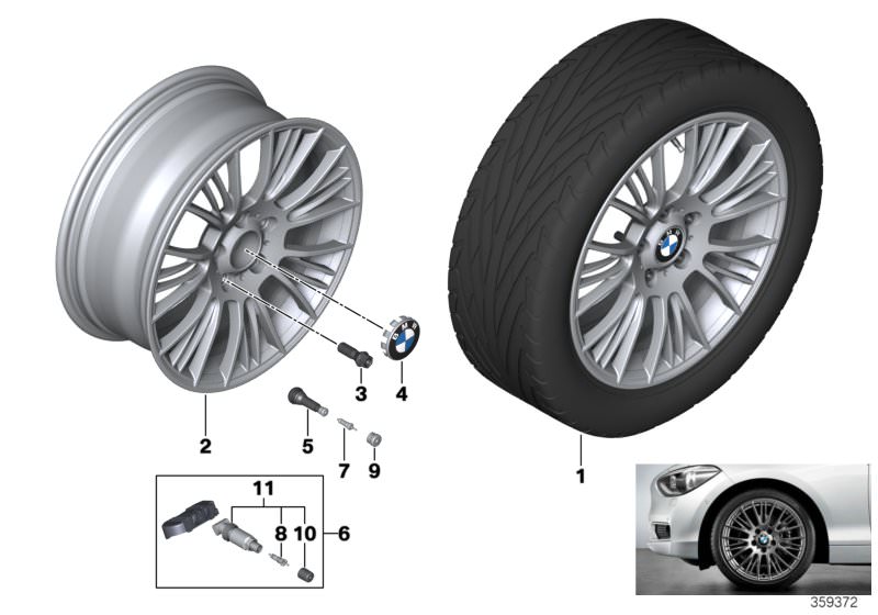 Picture board BMW LA wheel radial spoke 388 - 18´´ for the BMW 2 Series models  Original BMW spare parts from the electronic parts catalog (ETK) for BMW motor vehicles (car)   Hub cap with chrome edge, Light alloy rim Ferricgrey, RDCi Wheel/Tyre set Summe