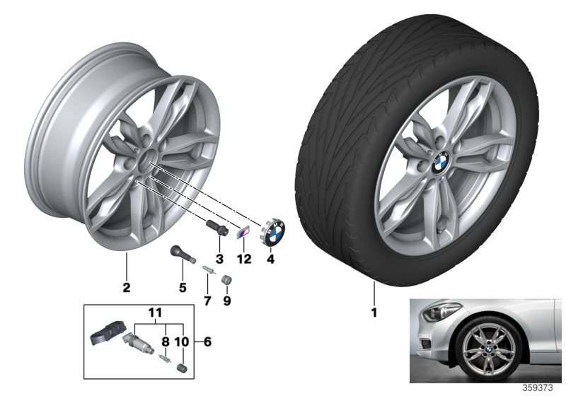 Picture board BMW LA wheel M double spoke 436-18´´ for the BMW 2 Series models  Original BMW spare parts from the electronic parts catalog (ETK) for BMW motor vehicles (car)   Hub cap with chrome edge, Light alloy rim Ferricgrey, M badge, Repair kit, scre