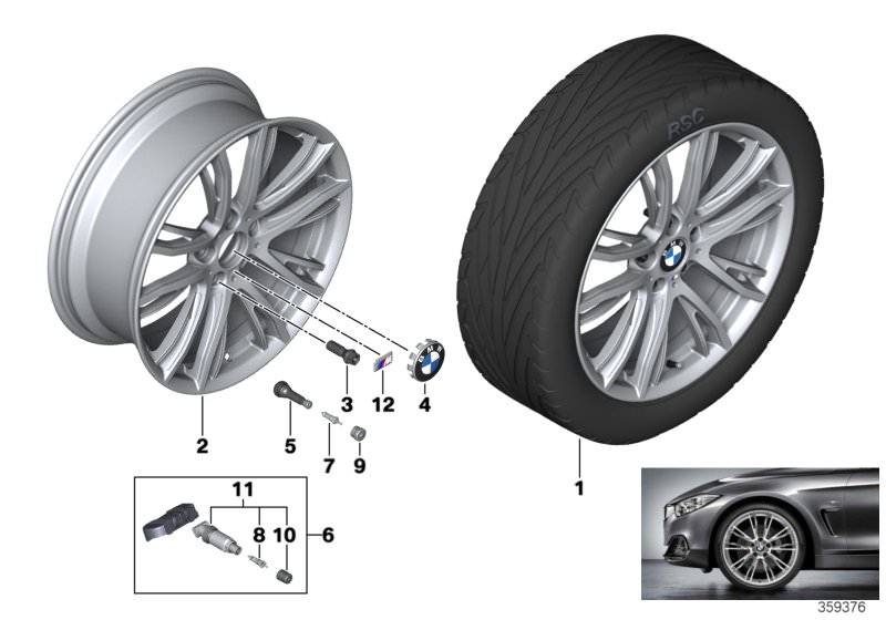Picture board BMW LA wheel M double spoke 624 - 19´´ for the BMW 2 Series models  Original BMW spare parts from the electronic parts catalog (ETK) for BMW motor vehicles (car)   Hub cap with chrome edge, Light alloy rim polished, M badge, RDCi wheel&tyre 