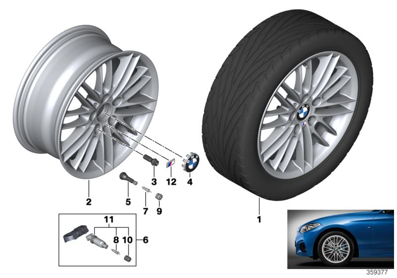 Picture board BMW LA wheel, M double spoke 460 - 17´´ for the BMW 1 Series models  Original BMW spare parts from the electronic parts catalog (ETK) for BMW motor vehicles (car)   Disc wheel light alloy dekor silver 2, Hub cap with chrome edge, M badge, Re