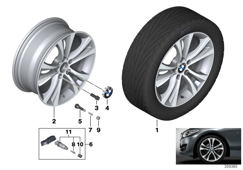 Picture board BMW LA wheel, double spoke 384 - 18´´ for the BMW 2 Series models  Original BMW spare parts from the electronic parts catalog (ETK) for BMW motor vehicles (car)   Disc wheel, light alloy, Orbitgrey, Hub cap with chrome edge, Repair kit, scre
