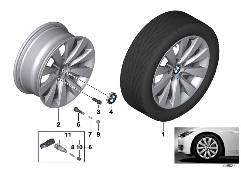 Bildtafel BMW LM Rad V-Speiche 413 - 17´´ für die BMW 3er Modelle  Original BMW Ersatzteile aus dem elektronischen Teilekatalog (ETK) für BMW Kraftfahrzeuge( Auto)    Gummiventil, Nabenabdeckung mit Chromrand, Radelektronikmodul RDCi m. Schraubventil, Rad