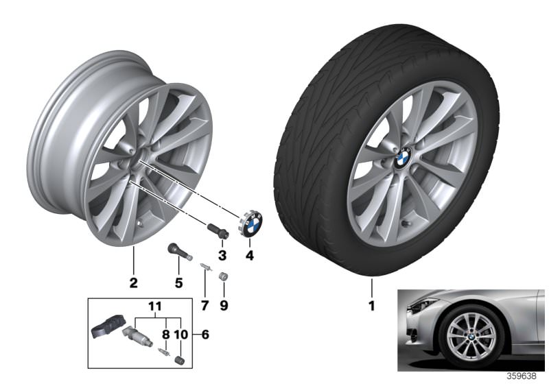 Picture board BMW LA wheel, V-spoke 395 - 17´´ for the BMW 4 Series models  Original BMW spare parts from the electronic parts catalog (ETK) for BMW motor vehicles (car)   Disc wheel, light alloy, reflex-silber, Hub cap with chrome edge, Repair kit, screw