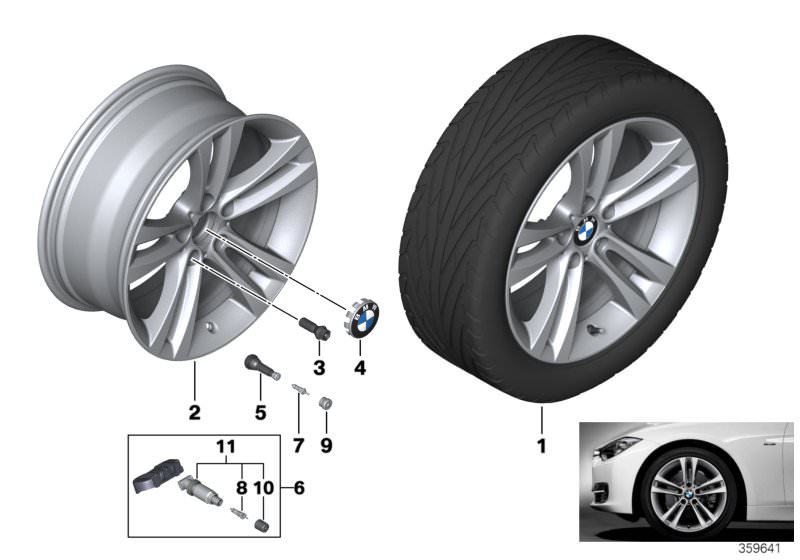 Picture board BMW LA wheel, double spoke 397 - 18´´ for the BMW 4 Series models  Original BMW spare parts from the electronic parts catalog (ETK) for BMW motor vehicles (car)   Hub cap with chrome edge, Light alloy rim Ferricgrey, Repair kit, screw-type v