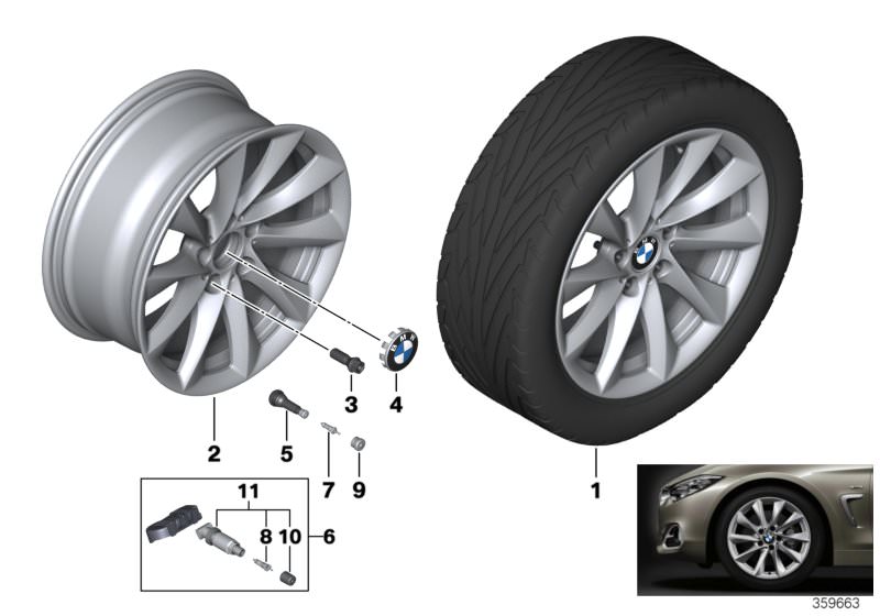 Illustration du BMW LA wheel, turbine styling 415 - 18´´ pour les BMW 3 Série Modèles  Pièces de rechange d'origine BMW du catalogue de pièces électroniques (ETK) pour véhicules automobiles BMW (voiture)   Disc wheel, light alloy, reflex-silber, Hub cap w