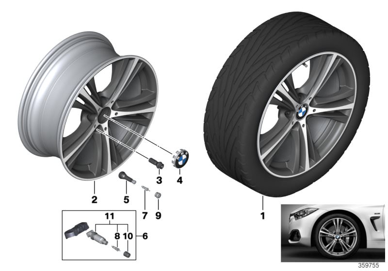 Picture board BMW LA wheel, star spoke 407 - 19´´ for the BMW 4 Series models  Original BMW spare parts from the electronic parts catalog (ETK) for BMW motor vehicles (car)   Hub cap with chrome edge, Light alloy rim Ferricgrey, Repair kit, screw-type val