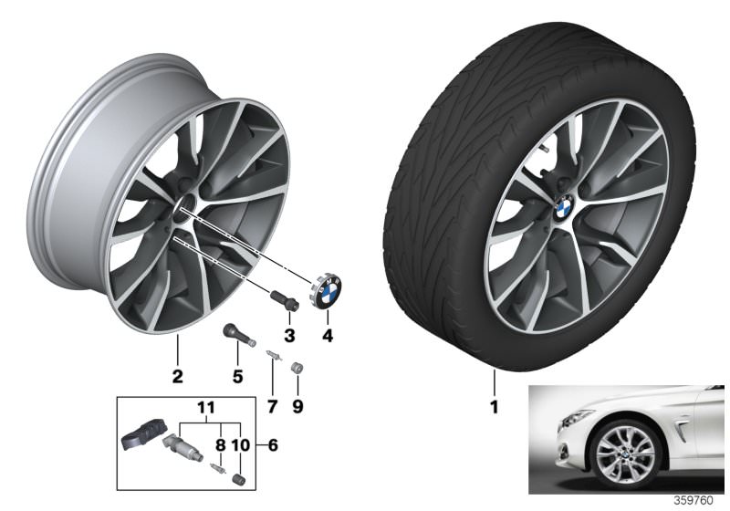 Picture board BMW LA wheel, turbine styling 402 - 19´´ for the BMW 3 Series models  Original BMW spare parts from the electronic parts catalog (ETK) for BMW motor vehicles (car)   Disc wheel, light alloy, bright-turned, Hub cap with chrome edge, Repair ki