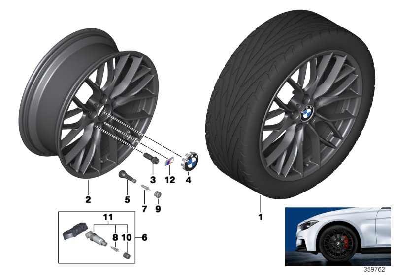 Picture board BMW LA wheel M double spoke 405-18´´ for the BMW 3 Series models  Original BMW spare parts from the electronic parts catalog (ETK) for BMW motor vehicles (car)   Disc wheel, light alloy, matt black, Hub cap with chrome edge, M badge, Repair 