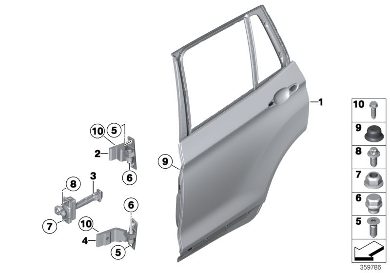 Picture board Rear door - hinge/door brake for the BMW X Series models  Original BMW spare parts from the electronic parts catalog (ETK) for BMW motor vehicles (car)   Cap nut, Door, rear left, Hex nut, Hexagon screw with locating tip, Hexagon screw with 