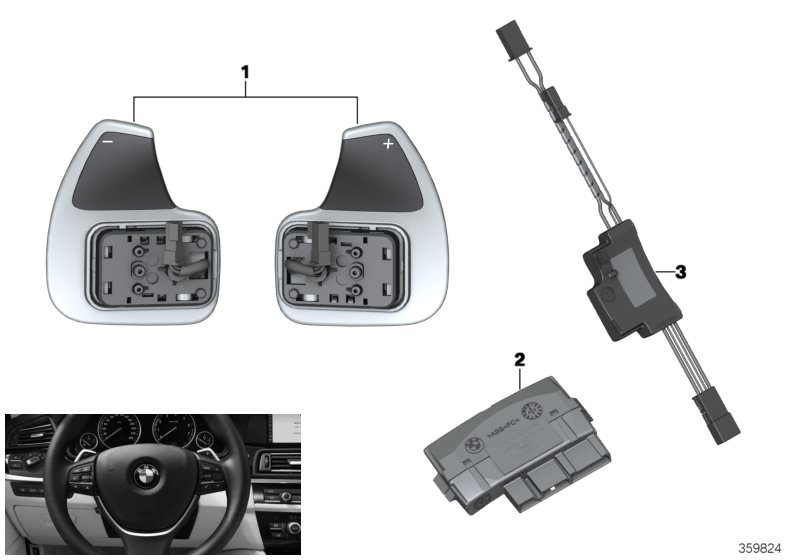 Picture board Steering wheel module and shift paddles for the BMW 5 Series models  Original BMW spare parts from the electronic parts catalog (ETK) for BMW motor vehicles (car)   Control unit, steering wheel electronics, Set of rocker switches