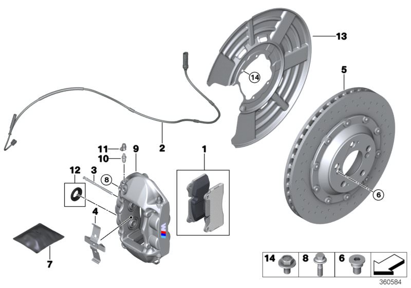 Picture board Rear wheel brake for the BMW 4 Series models  Original BMW spare parts from the electronic parts catalog (ETK) for BMW motor vehicles (car)   Bleeder valve, Bracing spring, Brake-pad paste, Brake-pad sensor, rear, CALIPER HOUSING RIGHT, Carb