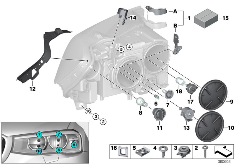 Illustration du Pièces de projecteur halogène pour les BMW X Série Modèles  Pièces de rechange d'origine BMW du catalogue de pièces électroniques (ETK) pour véhicules automobiles BMW (voiture)   Bulb, Bulb holder, daytime driving light, Bulb silver, Bulb 