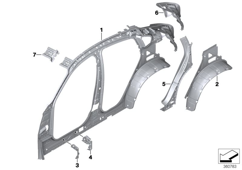 Picture board SINGLE COMPONENTS FOR BODY-SIDE FRAME for the BMW X Series models  Original BMW spare parts from the electronic parts catalog (ETK) for BMW motor vehicles (car)   Bulkhead, sill, front, Bulkhead, sill, rear, Connection, A-pillar/cowl panel, 