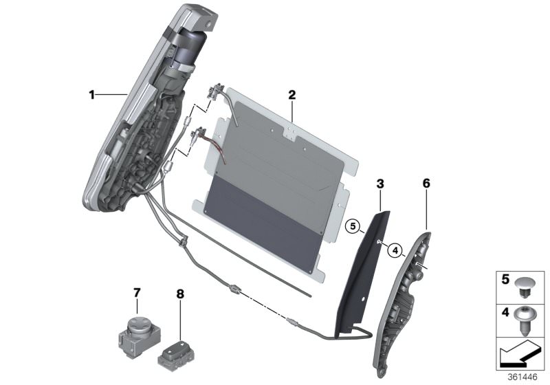 Bildtafel Sitz vorn Lordose für die BMW 4er Modelle  Original BMW Ersatzteile aus dem elektronischen Teilekatalog (ETK) für BMW Kraftfahrzeuge( Auto)    Einsteckbefestiger, Lehnenbreitenverstellung tunnelseitig, Linsenschraube mit Bund, Lordosenkissen rec