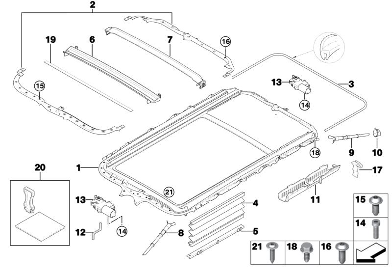 Picture board SLIDING LIFTING ROOF FRAME for the BMW 3 Series models  Original BMW spare parts from the electronic parts catalog (ETK) for BMW motor vehicles (car)   Cable holder, Cleaning set, Cover plates, Drip moulding, front, Drip moulding, rear, Driv