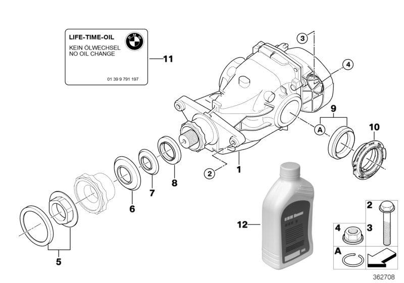 Illustration du DIFFERENTIAL-DRIVE/OUTPUT pour les BMW X Série Modèles  Pièces de rechange d'origine BMW du catalogue de pièces électroniques (ETK) pour véhicules automobiles BMW (voiture)   Assembly ring, Combination nut, Dustcover plate, dustcover plate