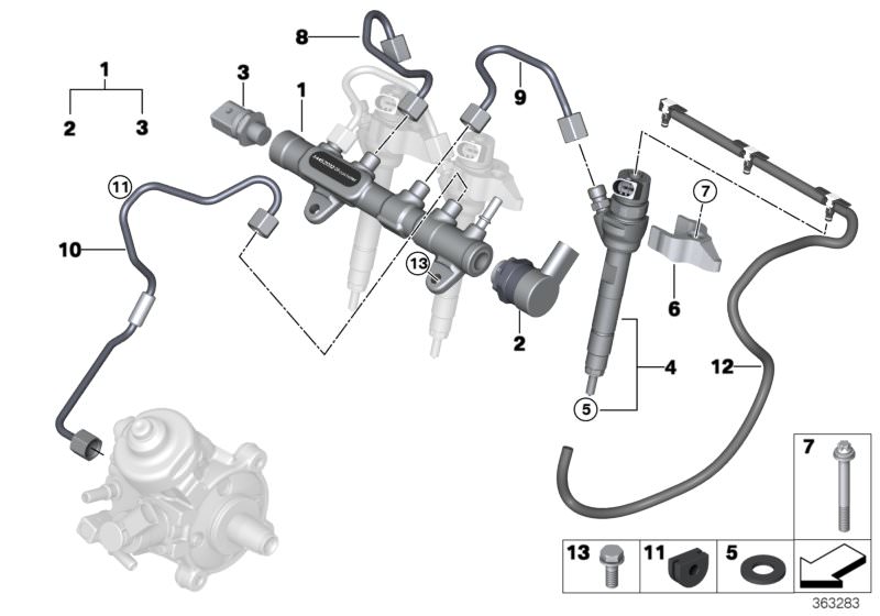 Picture board High pressure accumulator/injector/line for the BMW 2 Series models  Original BMW spare parts from the electronic parts catalog (ETK) for BMW motor vehicles (car)   Clamping jaw, injector, Gasket ring, Grommet, Hexalobular socket screw, Over