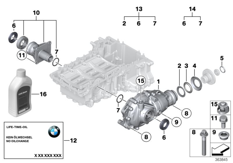 Picture board Front axle diff.sep.comp.all-wh.drive v. for the BMW X Series models  Original BMW spare parts from the electronic parts catalog (ETK) for BMW motor vehicles (car)   BMW Synthetik OSP, dustcover plate, large, dustcover plate, small, EXCH-FRO