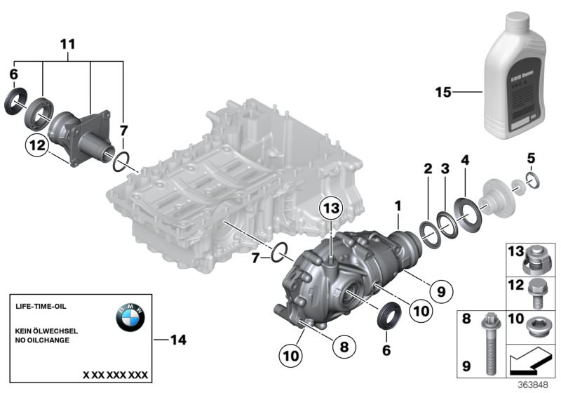 Bildtafel Vorderachsgetriebe Einzelteile Allrad für die BMW 5er Modelle  Original BMW Ersatzteile aus dem elektronischen Teilekatalog (ETK) für BMW Kraftfahrzeuge( Auto)    Aufkleber, Austausch Vorderachsgetriebe, Entlüftungskappe, Hypoid Axle Oil G2, Lag