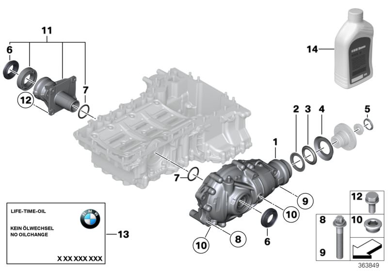 Picture board Front axle diff.sep.comp.all-wh.drive v. for the BMW X Series models  Original BMW spare parts from the electronic parts catalog (ETK) for BMW motor vehicles (car)   dustcover plate, large, dustcover plate, small, EXCH-FRONT DIFFERENTIAL, He