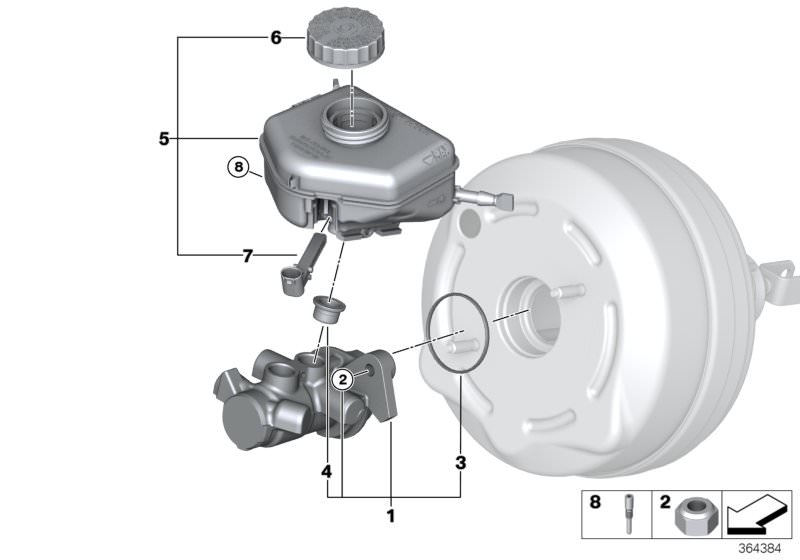 Picture board Brake master cylinder for the BMW 2 Series models  Original BMW spare parts from the electronic parts catalog (ETK) for BMW motor vehicles (car)   Brake master cylinder, Brake master cylinder o-ring, Expansion tank, Lock, Mounting screw, Plu