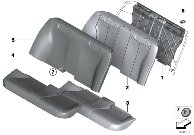 Picture board Seat, rear, cushion, & cover, basic seat for the BMW 3 Series models  Original BMW spare parts from the electronic parts catalog (ETK) for BMW motor vehicles (car)   Button Isofix, Cover backrest cloth, Foam part, backrest, rear, Foam sectio