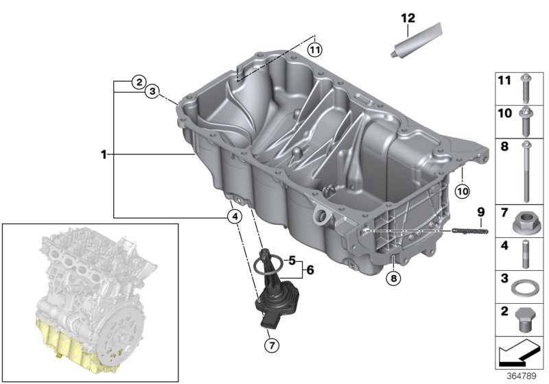 Illustration du Carter d`huile/indicateur niveau d`huile pour les BMW X Série Modèles  Pièces de rechange d'origine BMW du catalogue de pièces électroniques (ETK) pour véhicules automobiles BMW (voiture)   ASA-Bolt, Blind plug, Gasket, Gasket ring, Hex nu