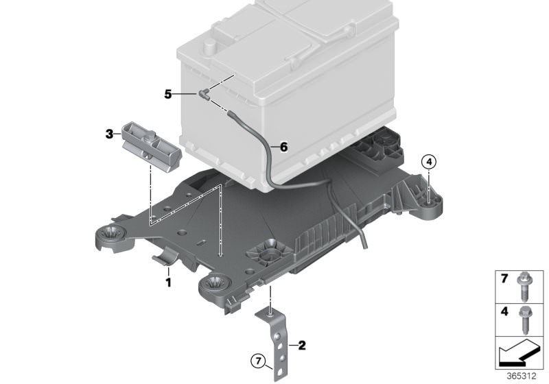 Picture board Battery holder and mounting parts for the BMW X Series models  Original BMW spare parts from the electronic parts catalog (ETK) for BMW motor vehicles (car)   ASA-Bolt, Battery clamping rail, Battery tray, Connecting elbow, Hex Bolt, Hose ru