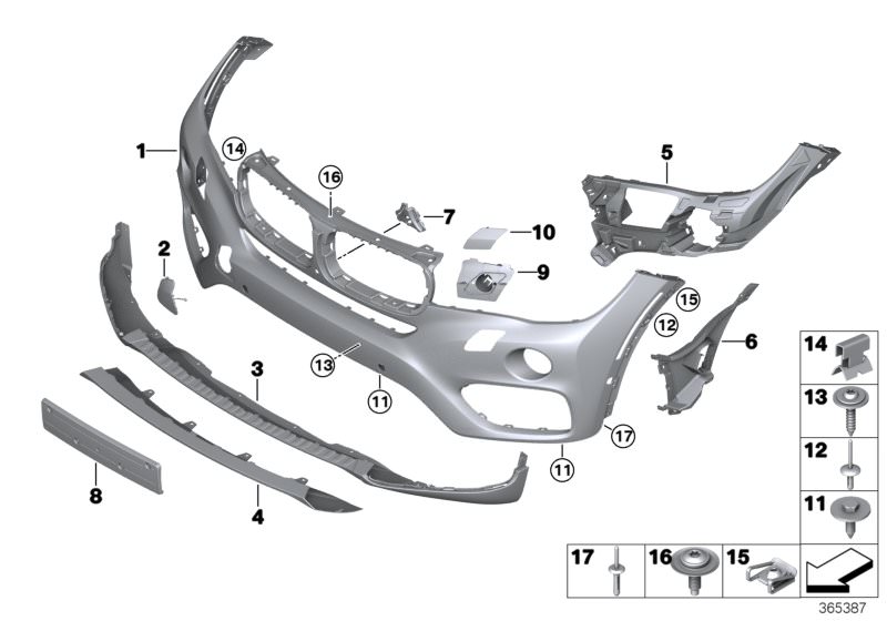 Picture board Trim panel, front for the BMW X Series models  Original BMW spare parts from the electronic parts catalog (ETK) for BMW motor vehicles (car)   Air channel left, Attachment set, front and rear, Blind rivet, C-clip nut, self-locking, Cladding,