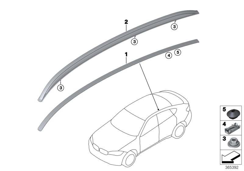 Bildtafel Dachzierleiste/Dachreling für die BMW X Modelle  Original BMW Ersatzteile aus dem elektronischen Teilekatalog (ETK) für BMW Kraftfahrzeuge( Auto)    Clip, Dachreling silber satiniert rechts, Dichtstopfen, Sechskantmutter, Zierleiste Dach grundie