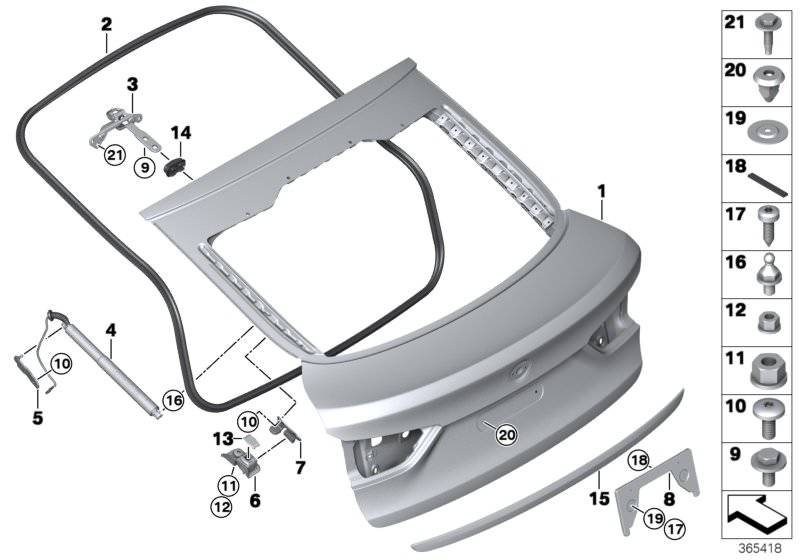 Illustration du Capôt de coffre arrière pour les BMW X Série Modèles  Pièces de rechange d'origine BMW du catalogue de pièces électroniques (ETK) pour véhicules automobiles BMW (voiture)   Adapter plate, spindle drive, right, Adhesive tape, Ball pin, Brac