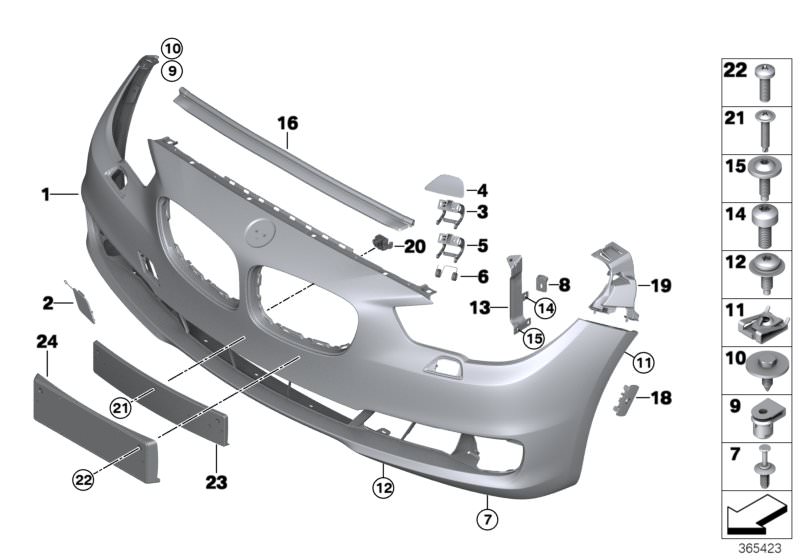 Picture board Trim panel, front for the BMW 5 Series models  Original BMW spare parts from the electronic parts catalog (ETK) for BMW motor vehicles (car)   Bracket, right, C-clip nut, Connector, right, COVERING PRIMEND RIGHT, Dummy plug right, Expanding 