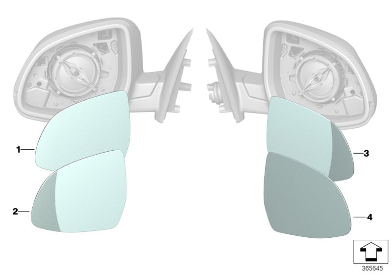 Illustration du MIRROR GLASS pour les BMW X Série Modèles  Pièces de rechange d'origine BMW du catalogue de pièces électroniques (ETK) pour véhicules automobiles BMW (voiture)   Mirror glass, heated, convex, left, Mirror glass, heated, convex, right, Mirr