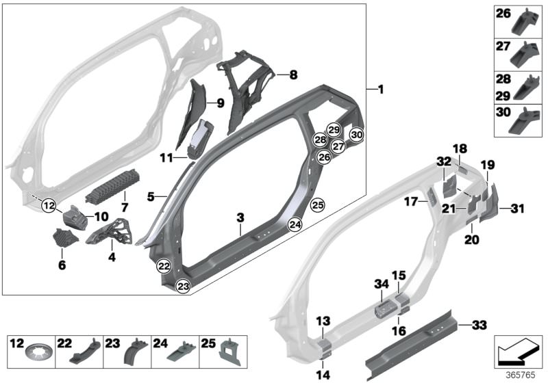 Picture board BODY-SIDE FRAME for the BMW i Series models  Original BMW spare parts from the electronic parts catalog (ETK) for BMW motor vehicles (car)  Axial securing clip, C-pillar reinforcement, right, Crash foam, side sill, front right, Crash foam, s