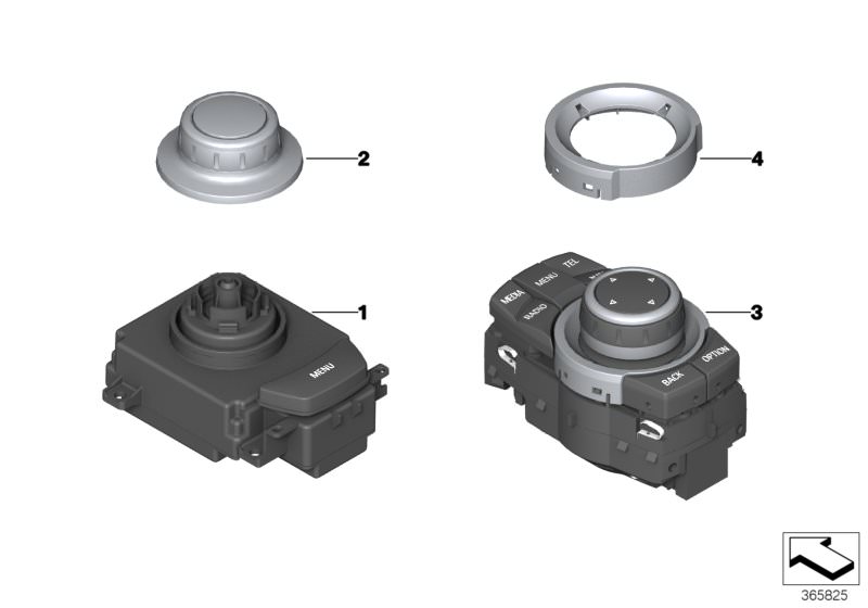 Picture board Controller for the BMW X Series models  Original BMW spare parts from the electronic parts catalog (ETK) for BMW motor vehicles (car)   Chrome ring, Control knob, Controller