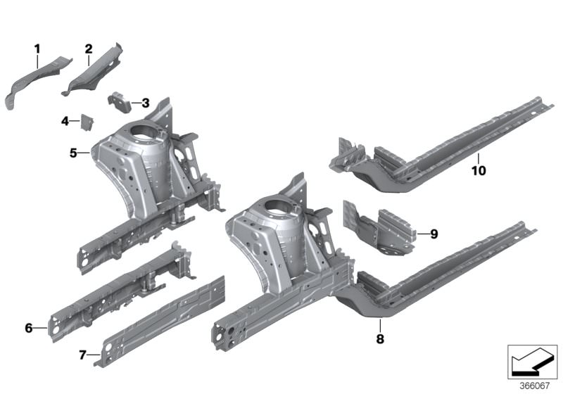 Picture board Wheelhouse/engine support for the BMW X Series models  Original BMW spare parts from the electronic parts catalog (ETK) for BMW motor vehicles (car)   Bulkhead, carrier support, right, Connection pcs, wheel house/entrance,lft, Exterior right