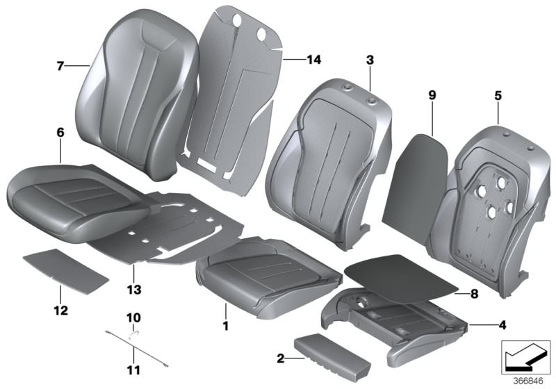 Picture board Seat, front, cushion and cover for the BMW X Series models  Original BMW spare parts from the electronic parts catalog (ETK) for BMW motor vehicles (car)   Clamp, Cover, comf.backrest, A/C leather, right, Cover, comfort seat, A/C leather, Fo