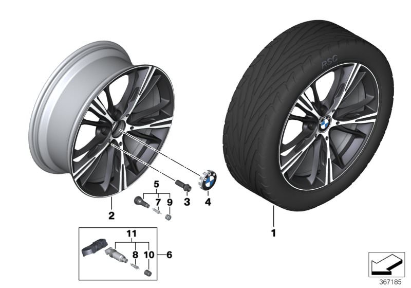 Picture board BMW LA wheel star spoke 660 - 19´´ for the BMW 1 Series models  Original BMW spare parts from the electronic parts catalog (ETK) for BMW motor vehicles (car)   Disc wheel, light alloy, bright-turned, Hub cap with chrome edge, RDCi wheel&tyre