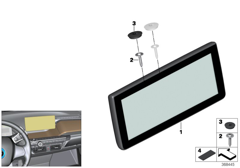 Picture board Central information display for the BMW i Series models  Original BMW spare parts from the electronic parts catalog (ETK) for BMW motor vehicles (car)   Central information display, Cover plug, Oval-head screw with washer, Set felt strip adh